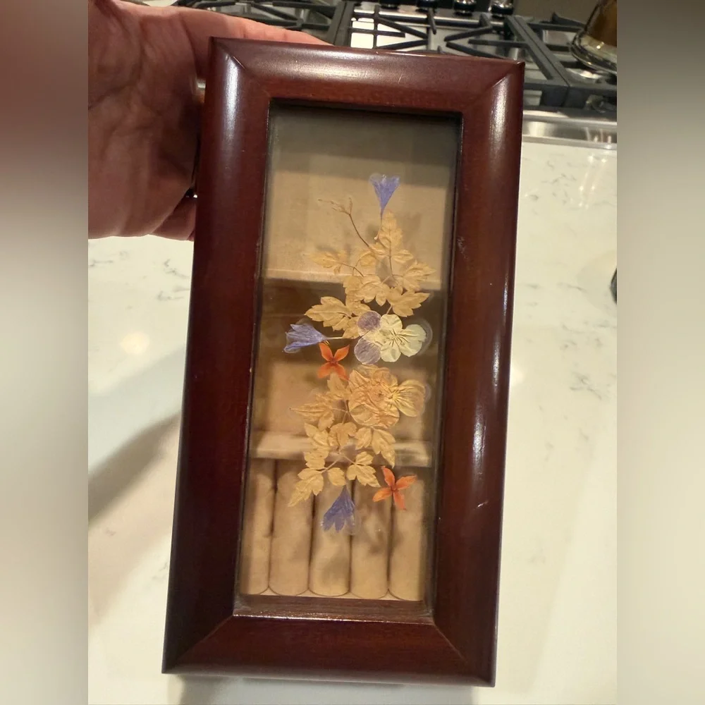 Bombay Pressed Flowers Wooden Musical Jewelry Box Plays Love Story Vintage 1990